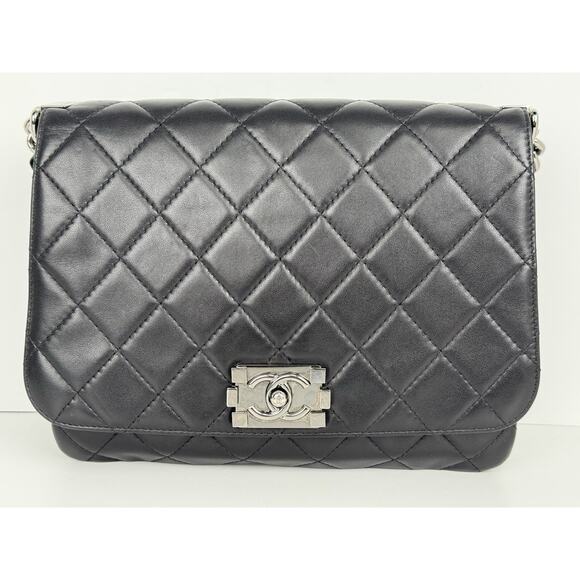 CHANEL Leather Quilted Boy Messenger Bag Black with Silver Hardware B-7 - Picture 2 of 16